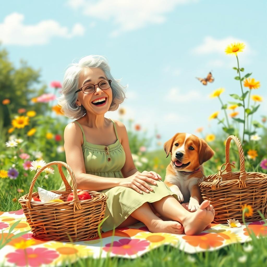 A light-hearted and whimsical scene depicting a mature woman enjoying a sunny day at a garden picnic, laughing and relaxing with friends