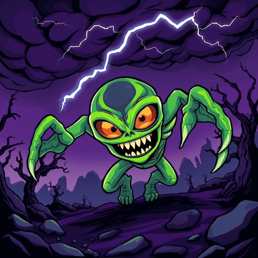 A vibrant cartoon comic panel showcasing a terrifying alien creature with exaggerated features such as large, glowing eyes and sharp, menacing claws