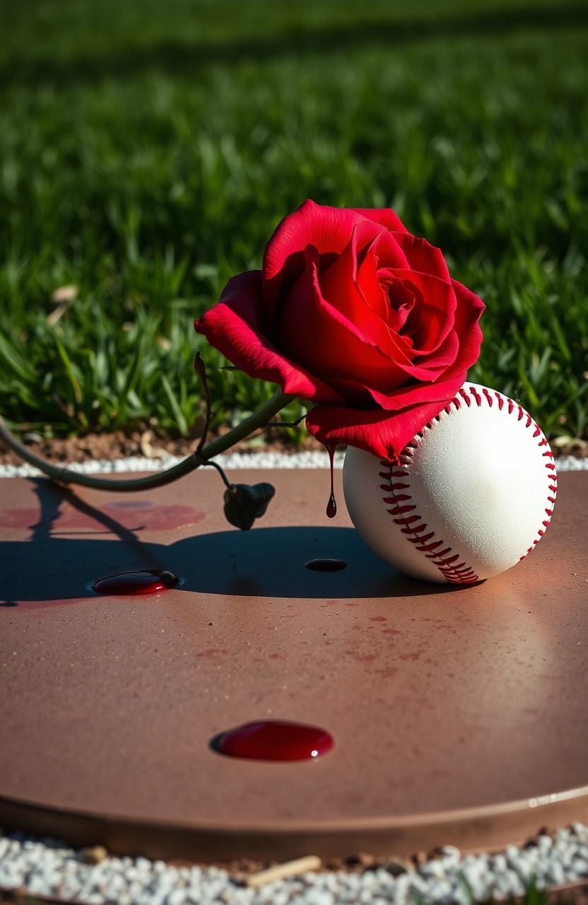 A detailed and evocative image of home plate at a baseball field, featuring a lush green outfield in the background