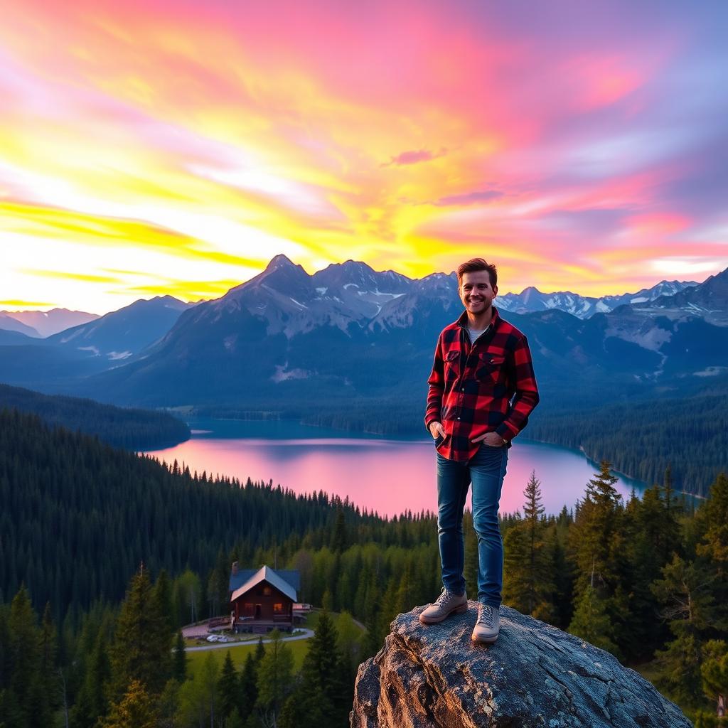 A stunning landscape featuring a picturesque mountain range at sunset, with vibrant oranges and purples streaking across the sky and reflecting in a tranquil lake below