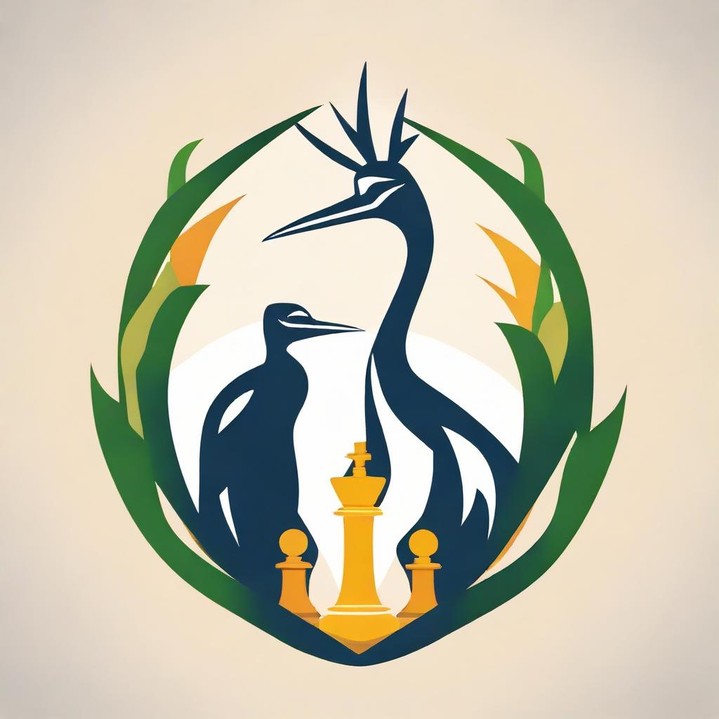 Create a compelling logo design featuring a crane (bird) affectionately hugging a chess king, symbolizing unity between wildlife and strategic play.