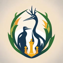 Create a compelling logo design featuring a crane (bird) affectionately hugging a chess king, symbolizing unity between wildlife and strategic play.