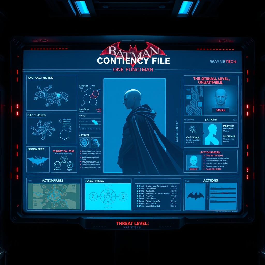 A high-tech Batcomputer interface screen, dimly lit with blue tones and red highlights
