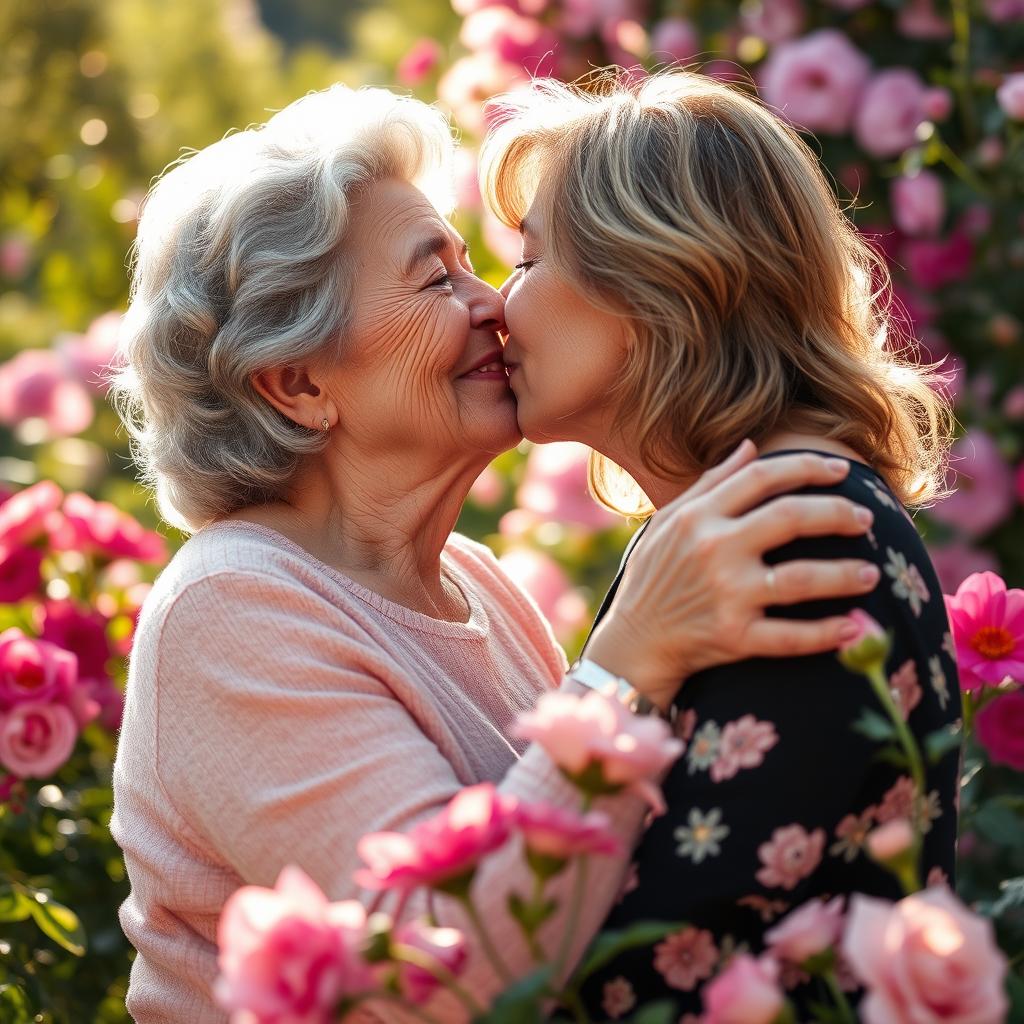 A touching and emotional scene capturing a beautiful moment of affection between a mature woman and her close friend, sharing a sweet kiss in a romantic garden setting filled with blooming flowers and soft sunlight