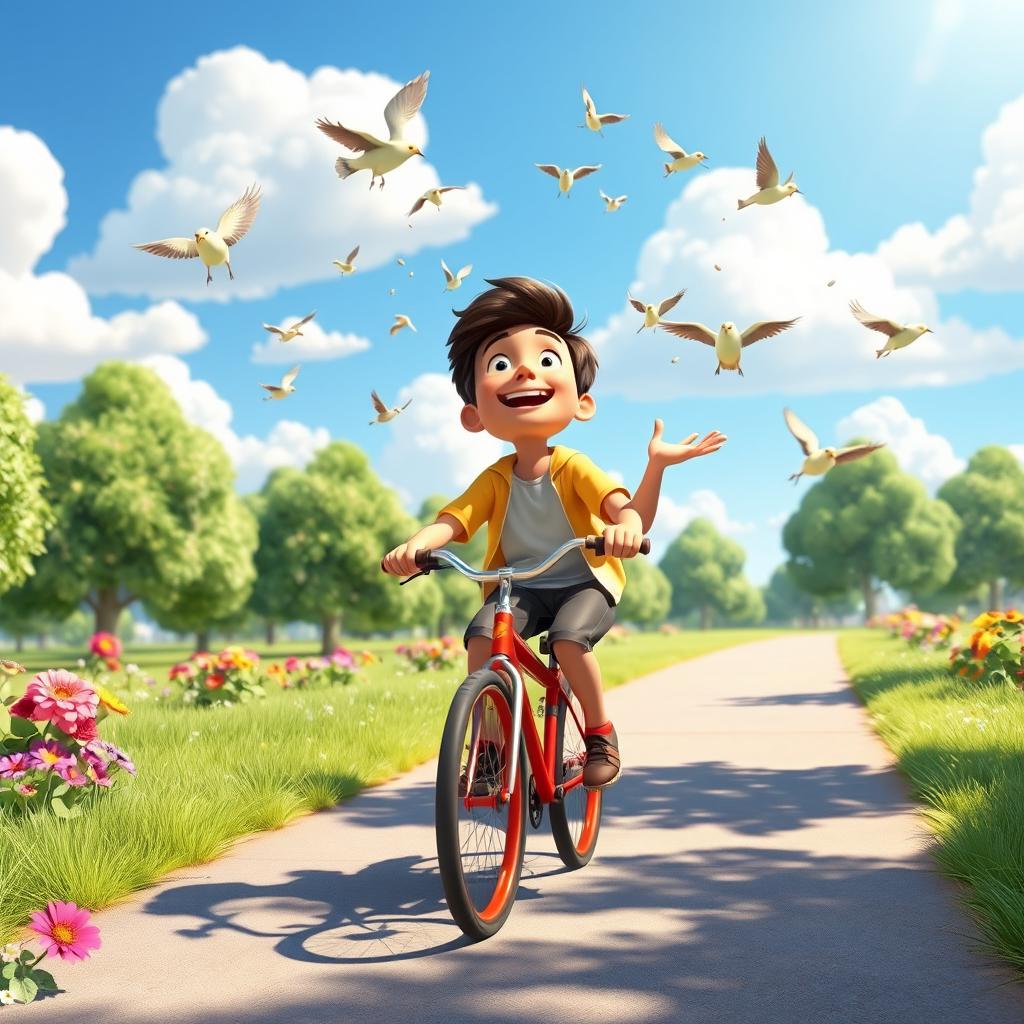 A whimsical 3D animation scene depicting a young man named Ryan joyfully riding his bike through a serene park