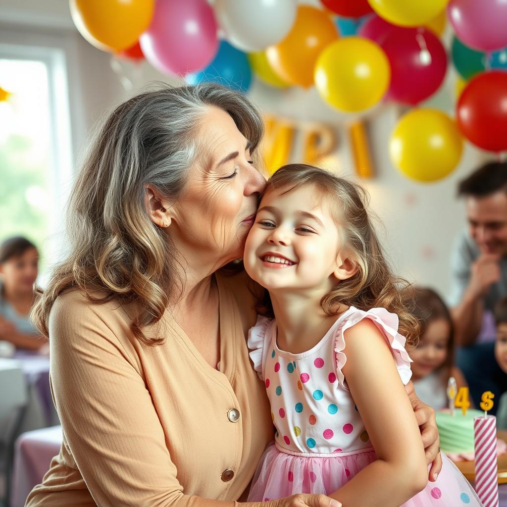 A heartwarming and affectionate scene depicting a close bond between a mature woman and a young girl, sharing a sweet kiss on the cheek in a joyful family setting
