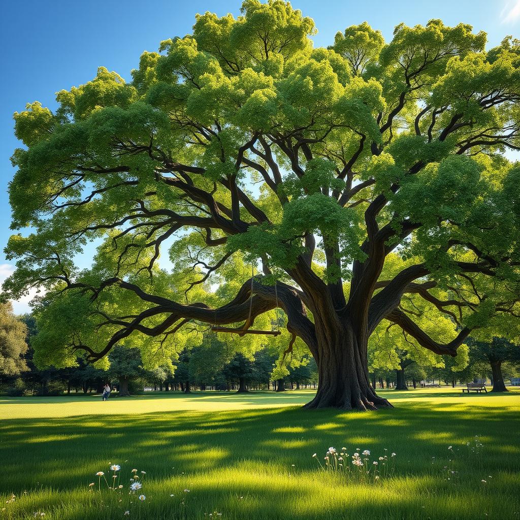 A small, picturesque park featuring a large, majestic oak tree with lush green leaves, a creaky wooden swing hanging from one of its sturdy branches