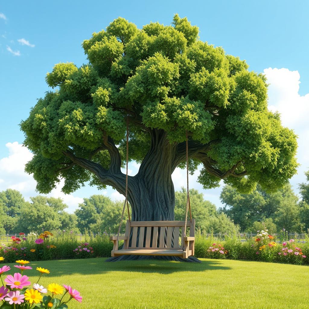 A picturesque small park scene featuring a large, majestic oak tree with thick, textured bark and lush green leaves
