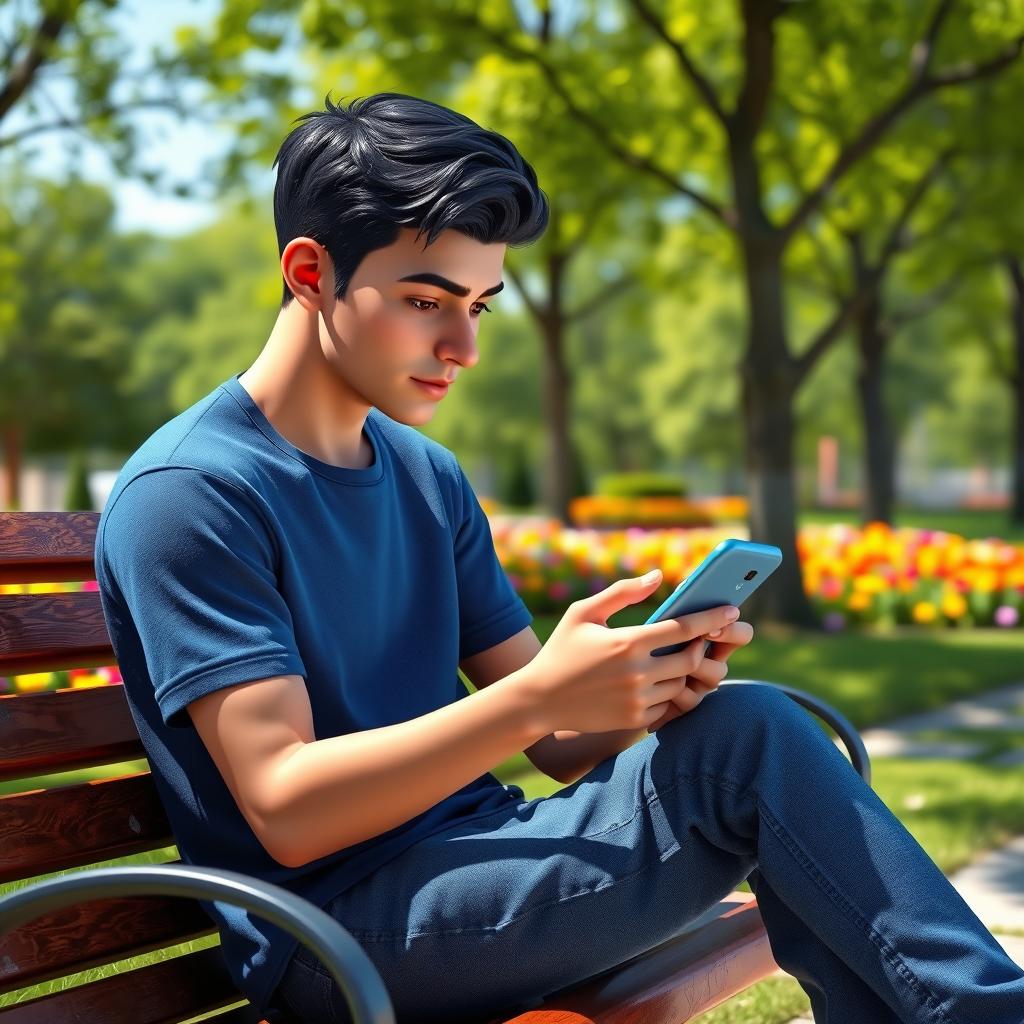 A realistic 3D scene depicting a young man named Jake sitting on a park bench, intently looking at his smartphone