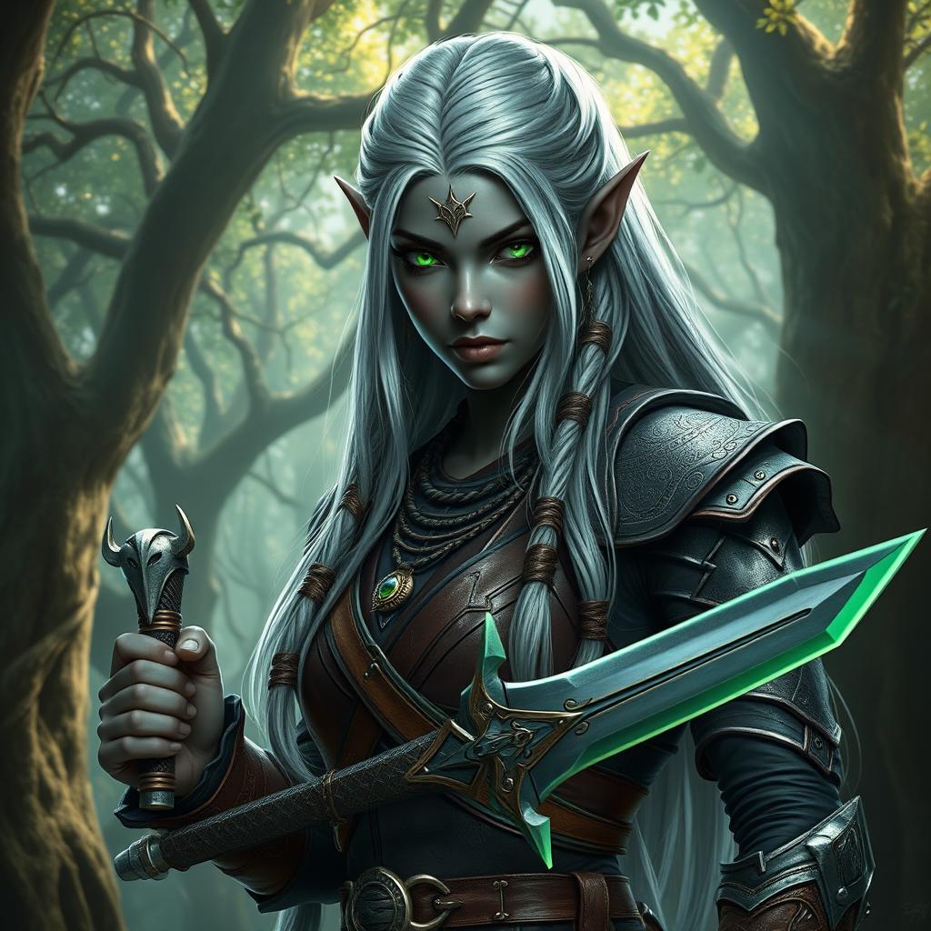 A fierce Drow elf warrior stands in a mystical forest, showcasing her striking green eyes that glimmer with intensity