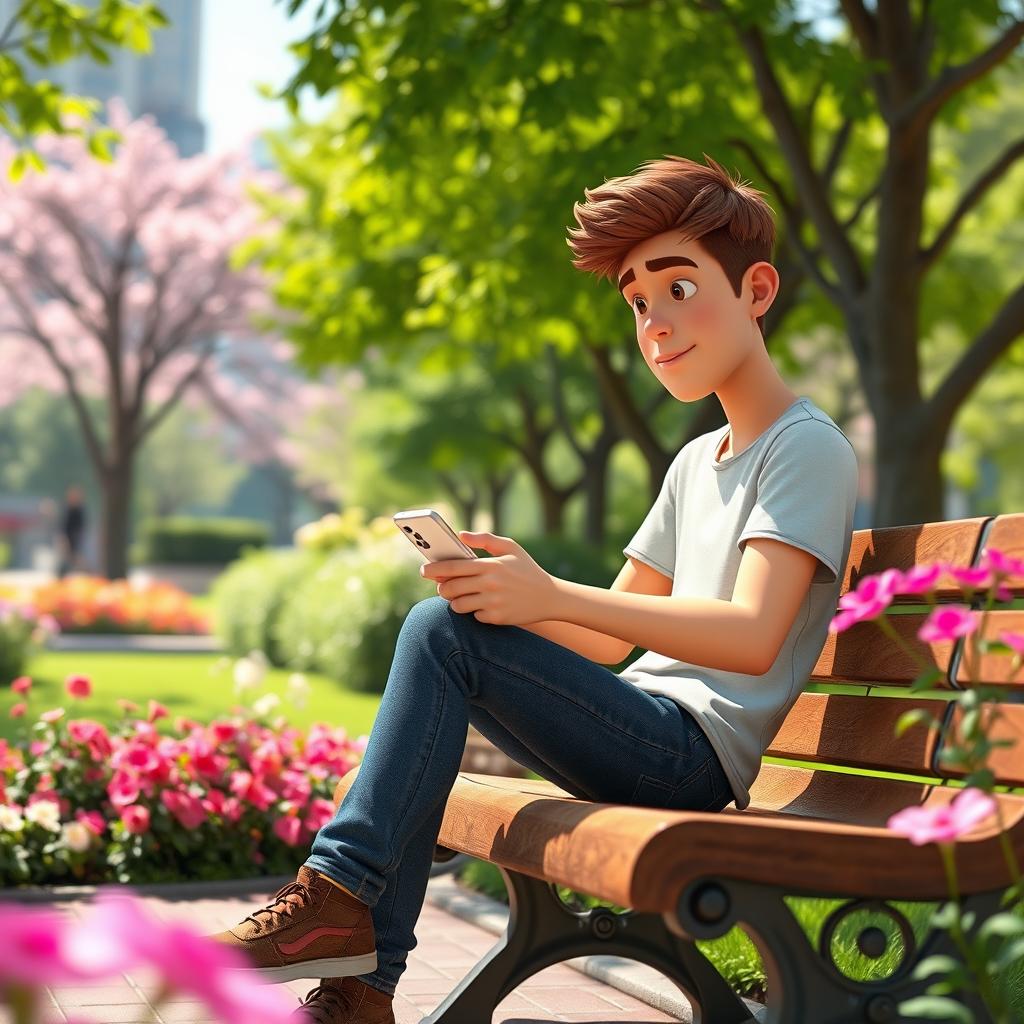 A young man named Jake sitting on a wooden bench in a vibrant urban park, intently looking at his smartphone