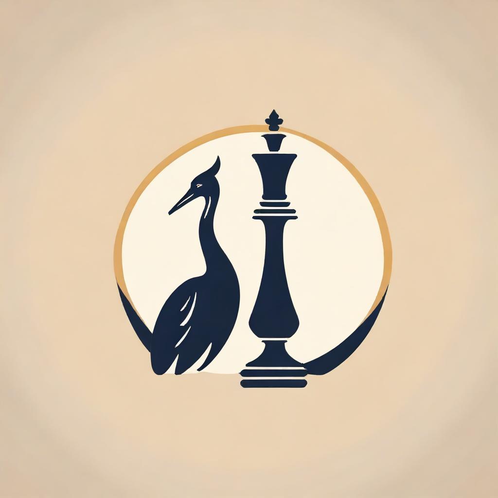 Create a compelling logo design featuring a crane (bird) affectionately hugging a chess king, symbolizing unity between wildlife and strategic play.