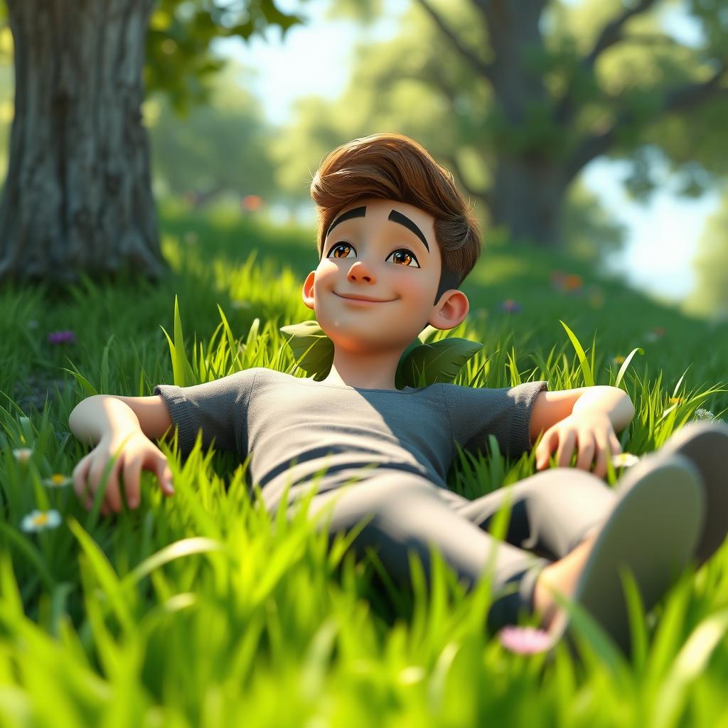 A realistic 3D animation of a young man named Ryan lying comfortably in lush, vibrant green grass