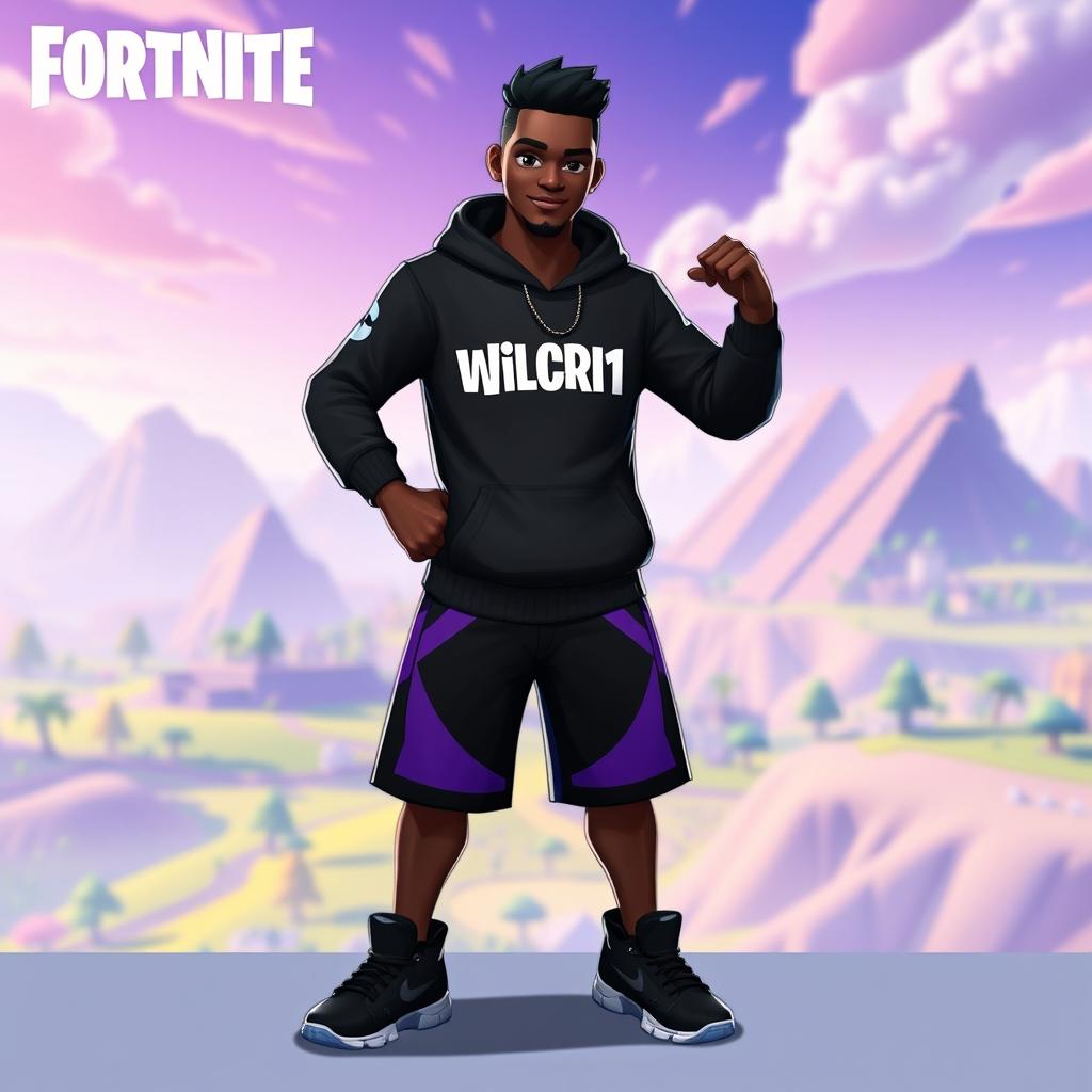 A Fortnite character design featuring a dark-skinned male wearing a stylish black sweater emblazoned with the name 'WilCR1' on the chest