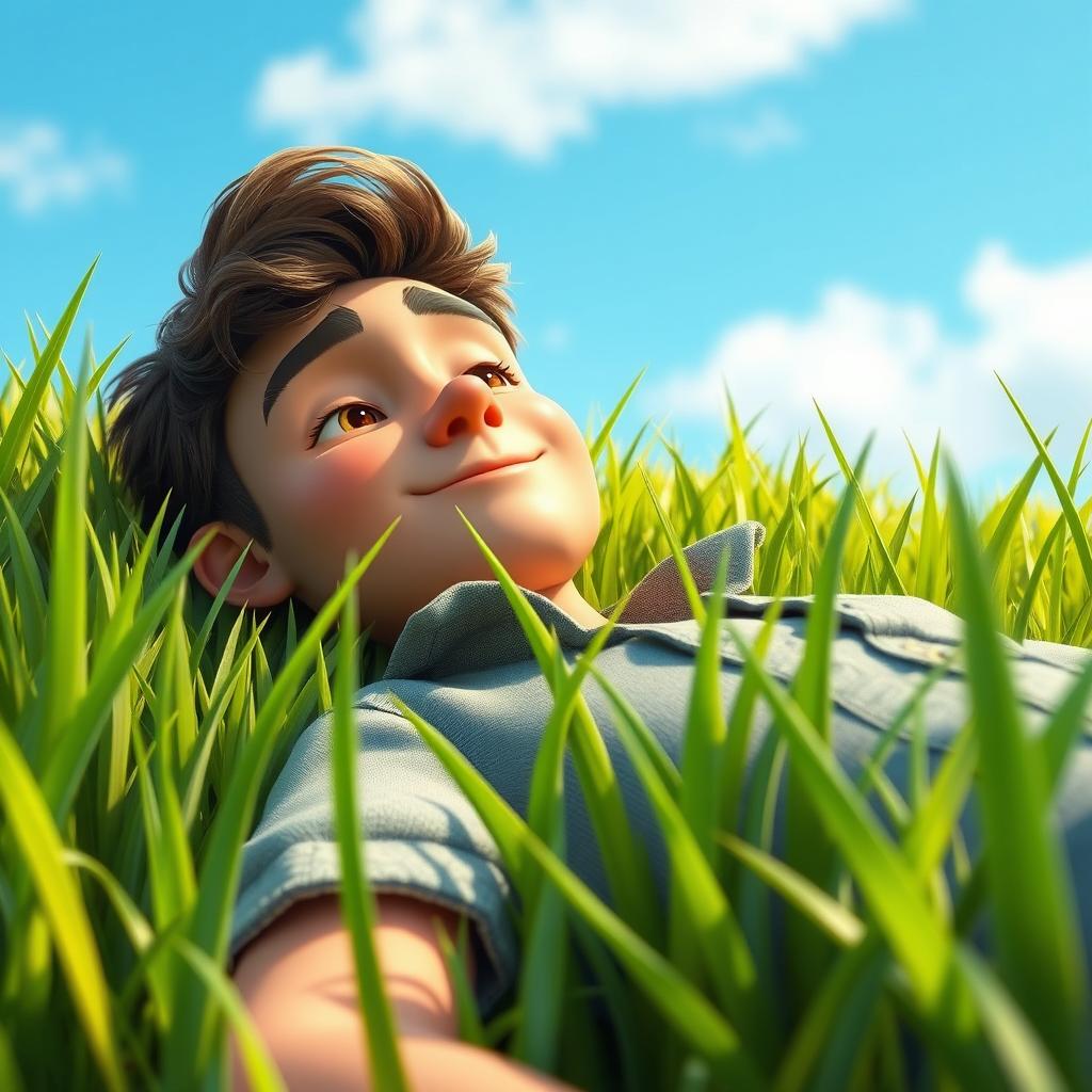 A relaxed young man named Ryan laying in lush green grass under a clear blue sky