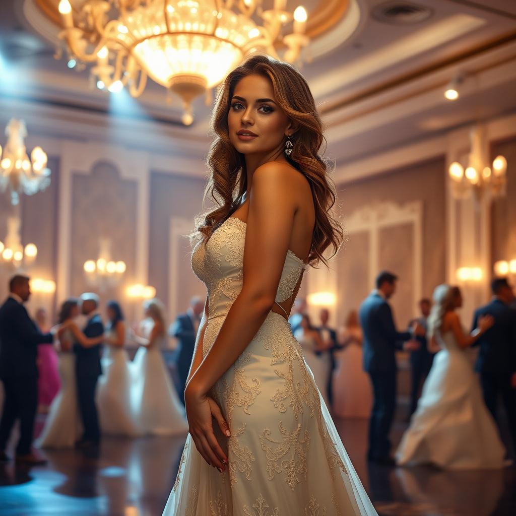 a stunning woman in an elegant evening gown, standing in a beautifully decorated ballroom, soft lighting creating a romantic atmosphere, the gown flowing seamlessly around her figure with intricate lace details, her hair styled in loose waves cascading over her shoulders, a hint of sparkle from diamond earrings, the background filled with soft glowing chandeliers, couples dancing, and a luxurious ambiance