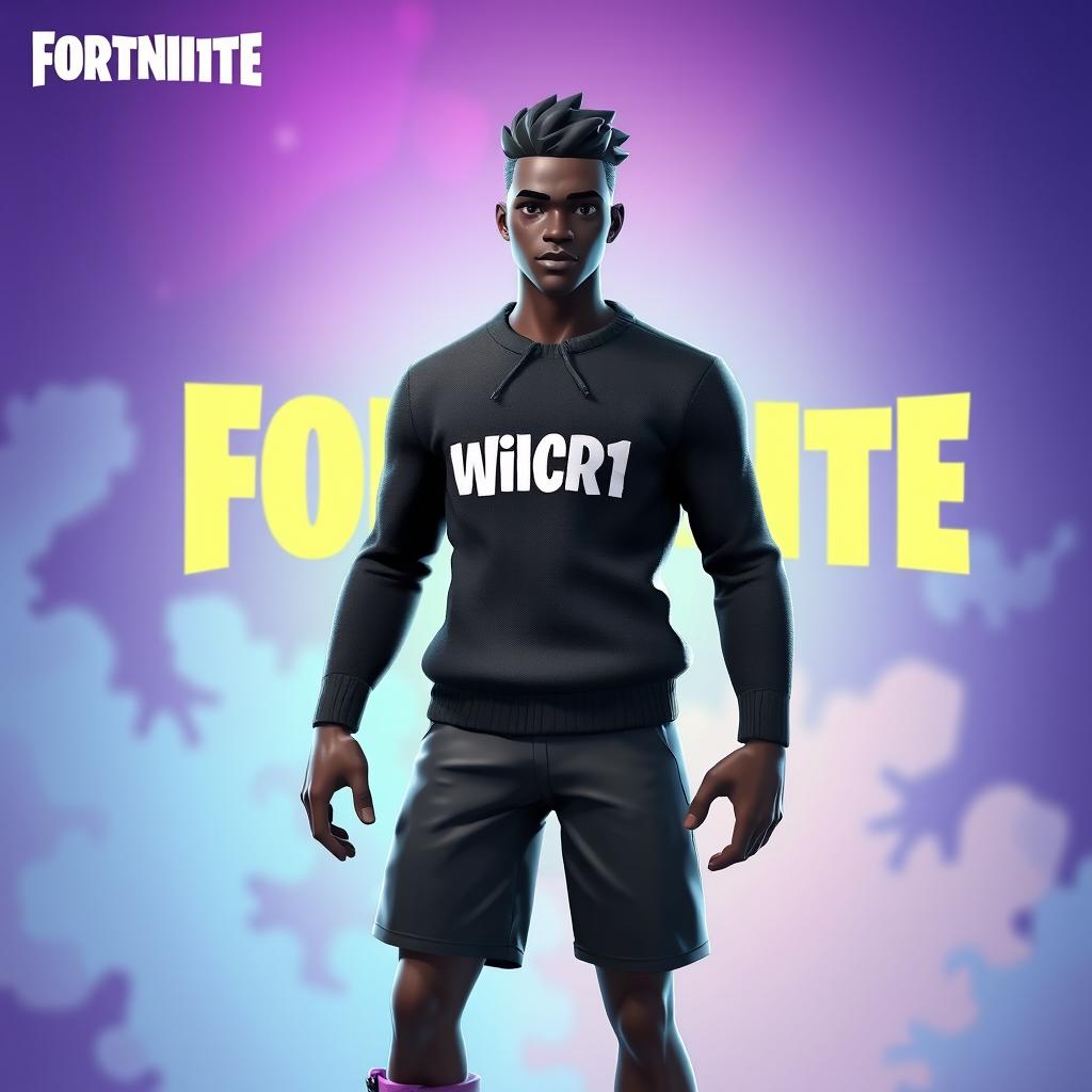 A Fortnite character skin featuring a dark-skinned male character wearing a stylish black sweater with the name 'WilCR1' emblazoned across the chest