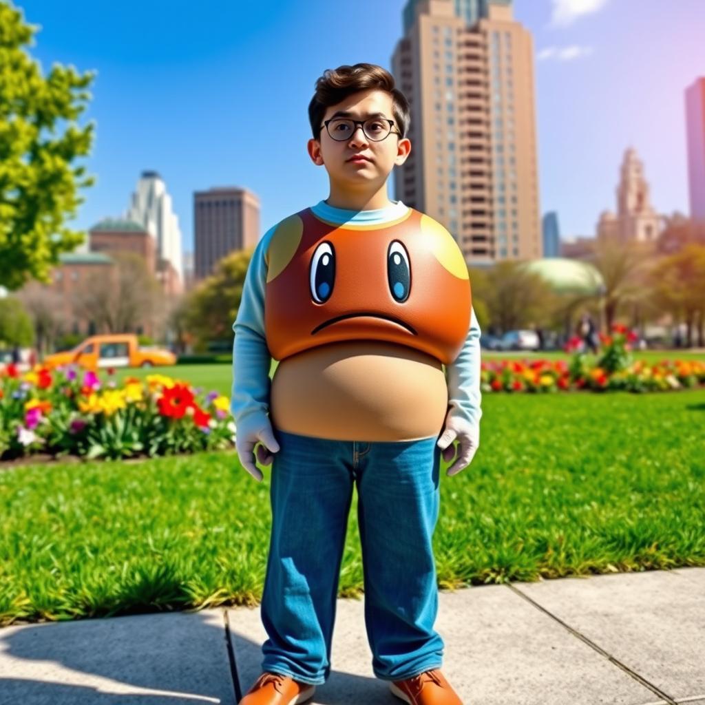 A creative mashup of a person standing in a city park, seamlessly combined with the iconic Goomba body from Mario Bros