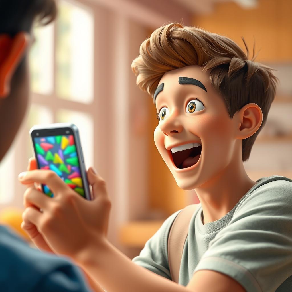 A scene featuring a young man named Jake, visibly excited as he shows his phone screen to a friend