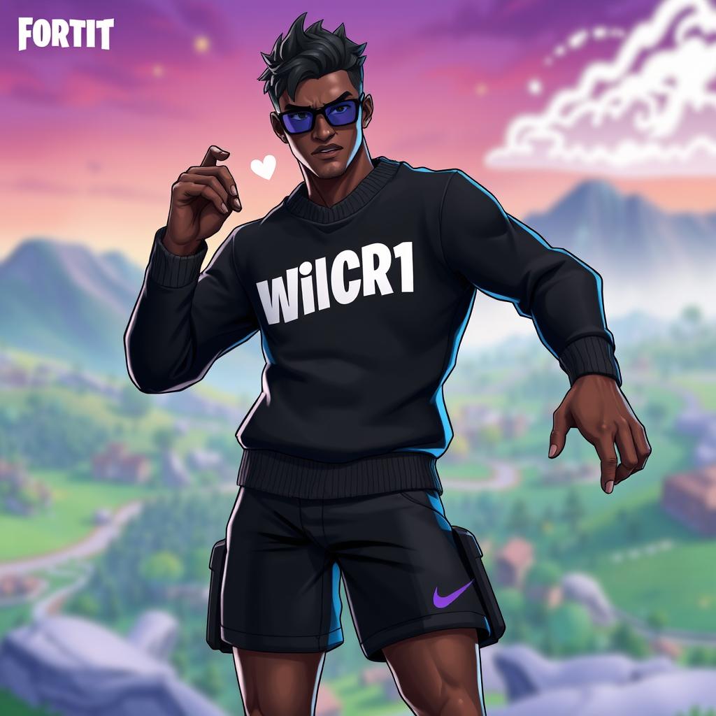 A detailed depiction of a male Fortnite character featuring dark skin, wearing a stylish black sweater emblazoned with the name 'WilCR1' prominently on the chest