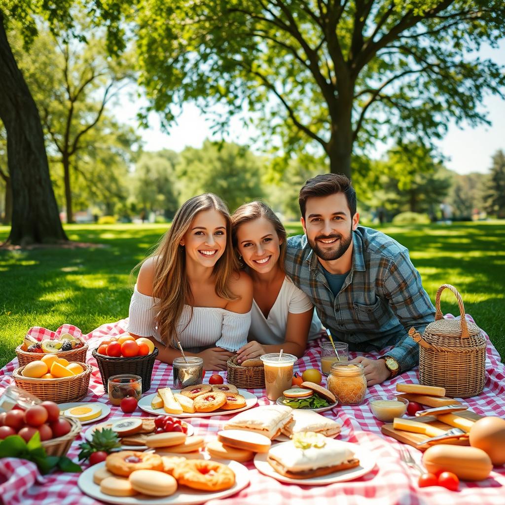 A vibrant outdoor scene showcasing a beautifully arranged picnic setup