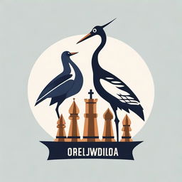 Create a compelling logo design featuring a crane (bird) affectionately hugging a chess king, symbolizing unity between wildlife and strategic play.