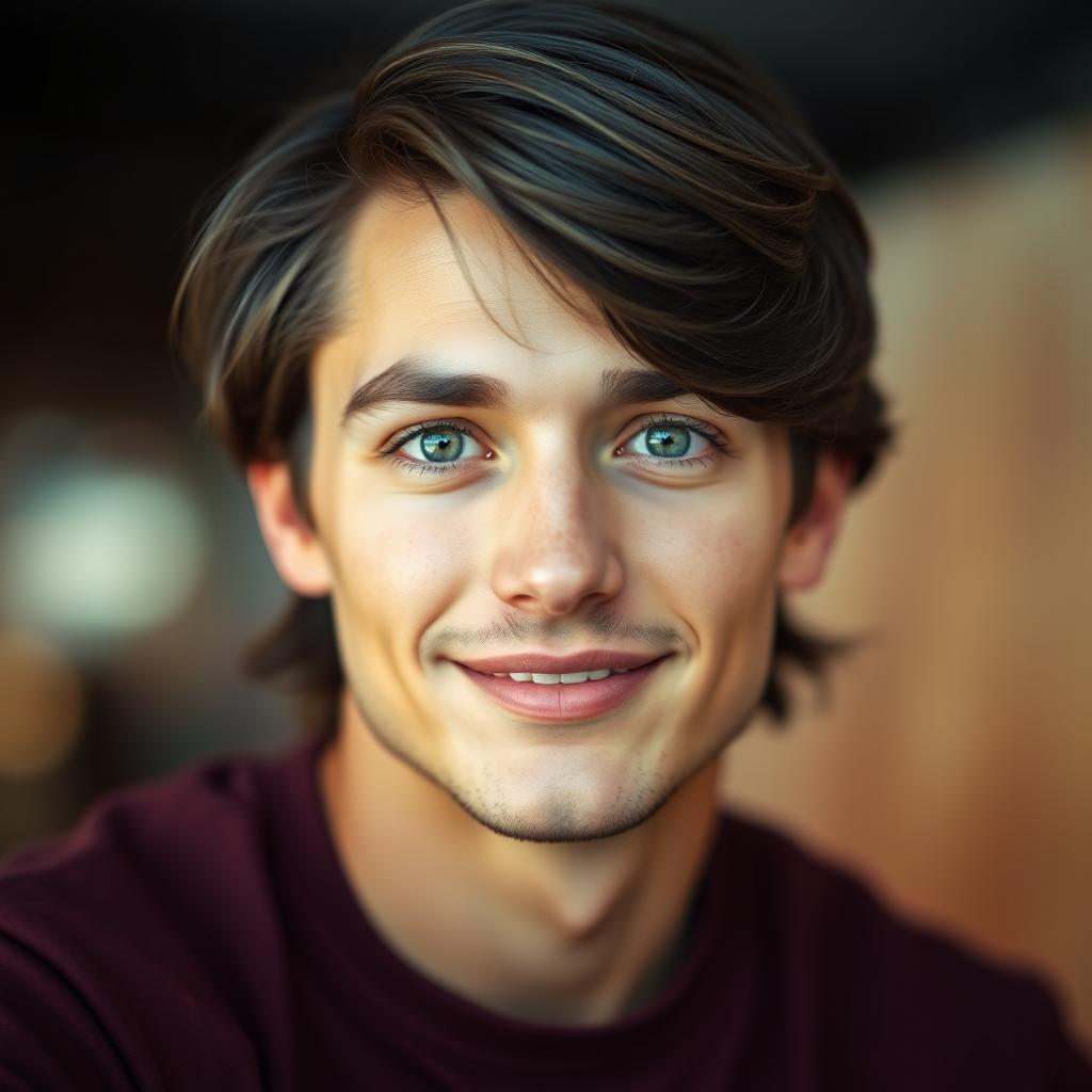 A stunning and lifelike portrait of a charismatic young man with medium-length dark hair and green eyes, exuding confidence and charm