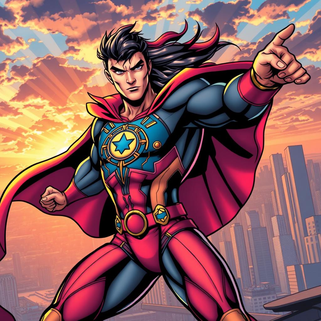 A comic book character showcasing unique powers, dynamic pose, dressed in a vibrant and colorful costume with intricate designs, a bold emblem on the chest, and a flowing cape that swirls around