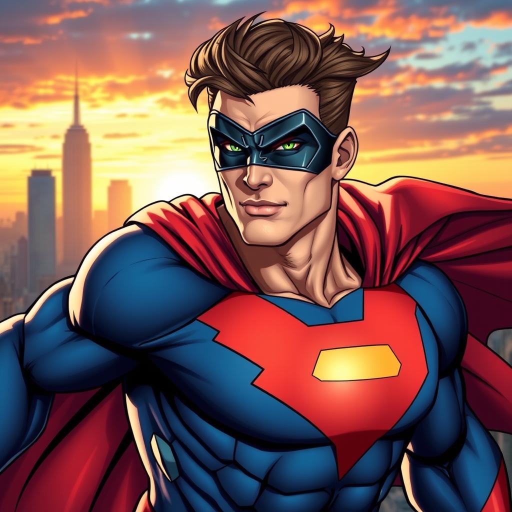 A unique comic book character designed with extraordinary features; showcasing a bold, muscular hero with a colorful costume that includes a vibrant blue and red color scheme
