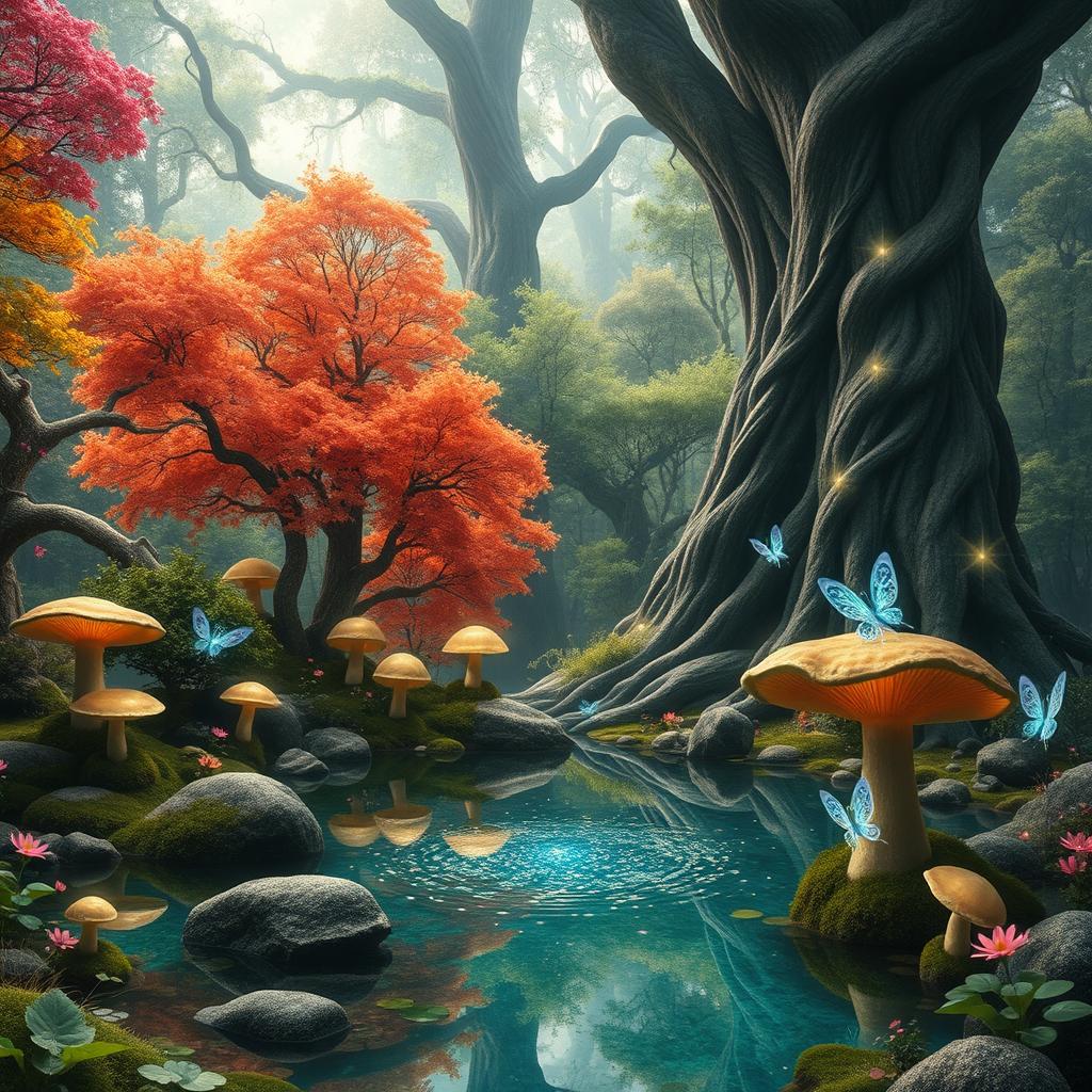 Create a surreal scene that combines a lush, mystical forest with whimsical elements