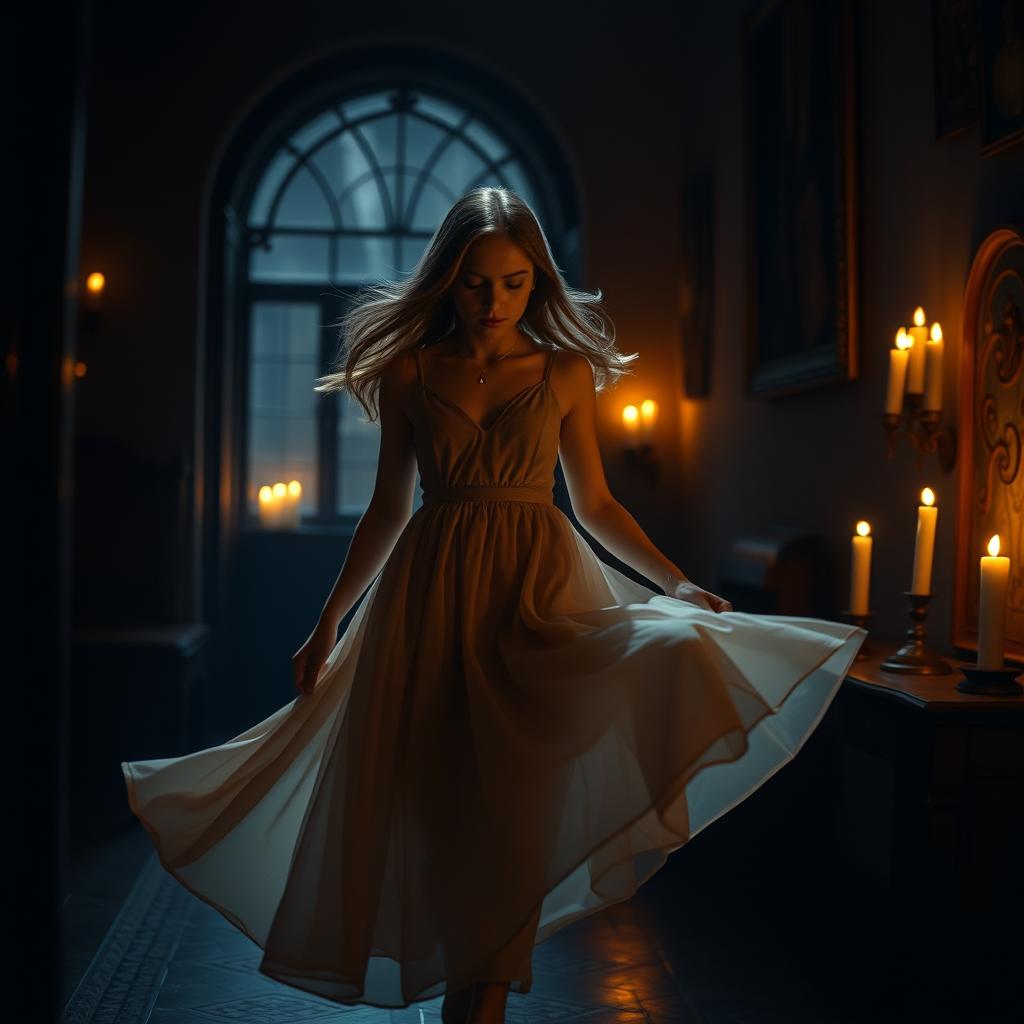 A girl walking gracefully through a dimly lit room, captured in slow motion to emphasize her flowing movements