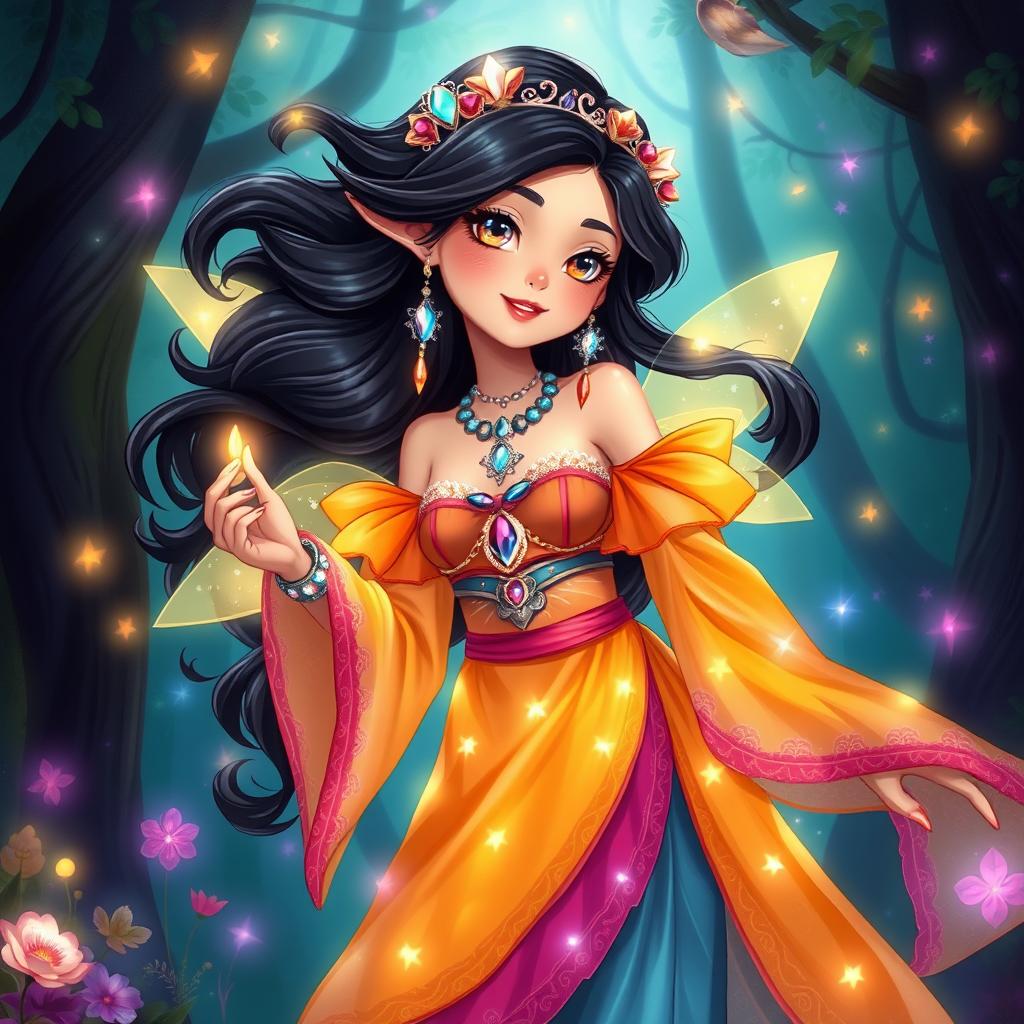 An enchanting illustration of a fantasy character inspired by Melai Cantiveros, dressed in vibrant, flowing attire that reflects a magical theme
