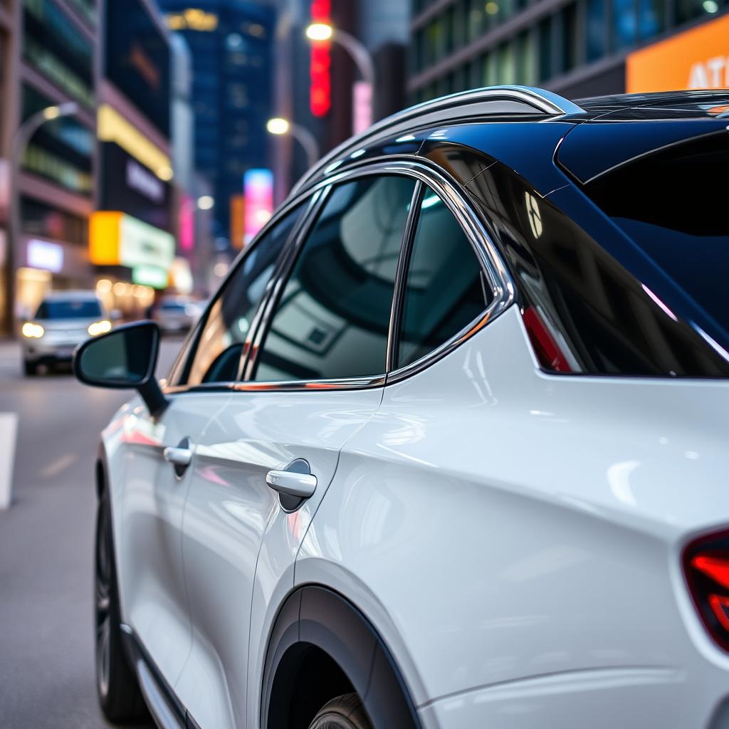 A sleek and modern vehicle in a vibrant urban setting