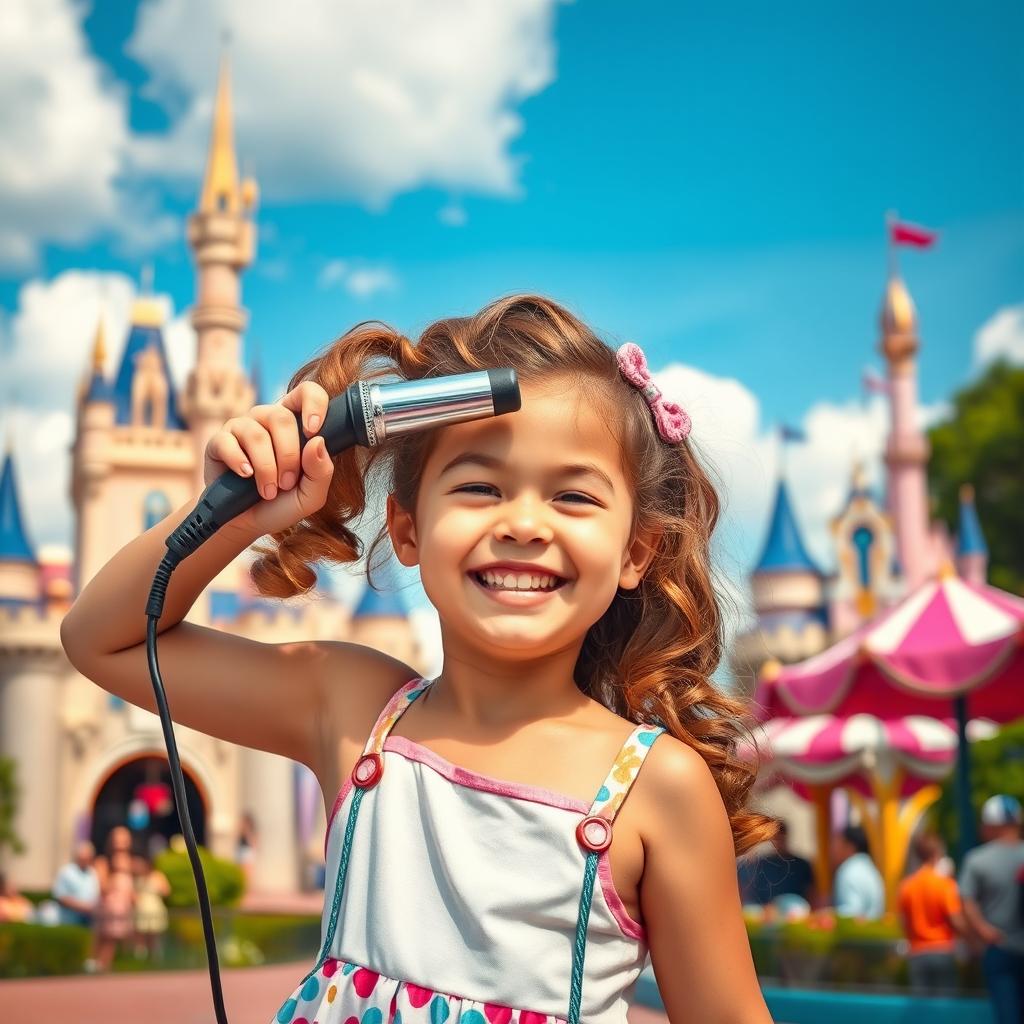A vibrant and magical scene set in Disneyland, featuring a young girl joyfully curling her hair with a vintage curling iron