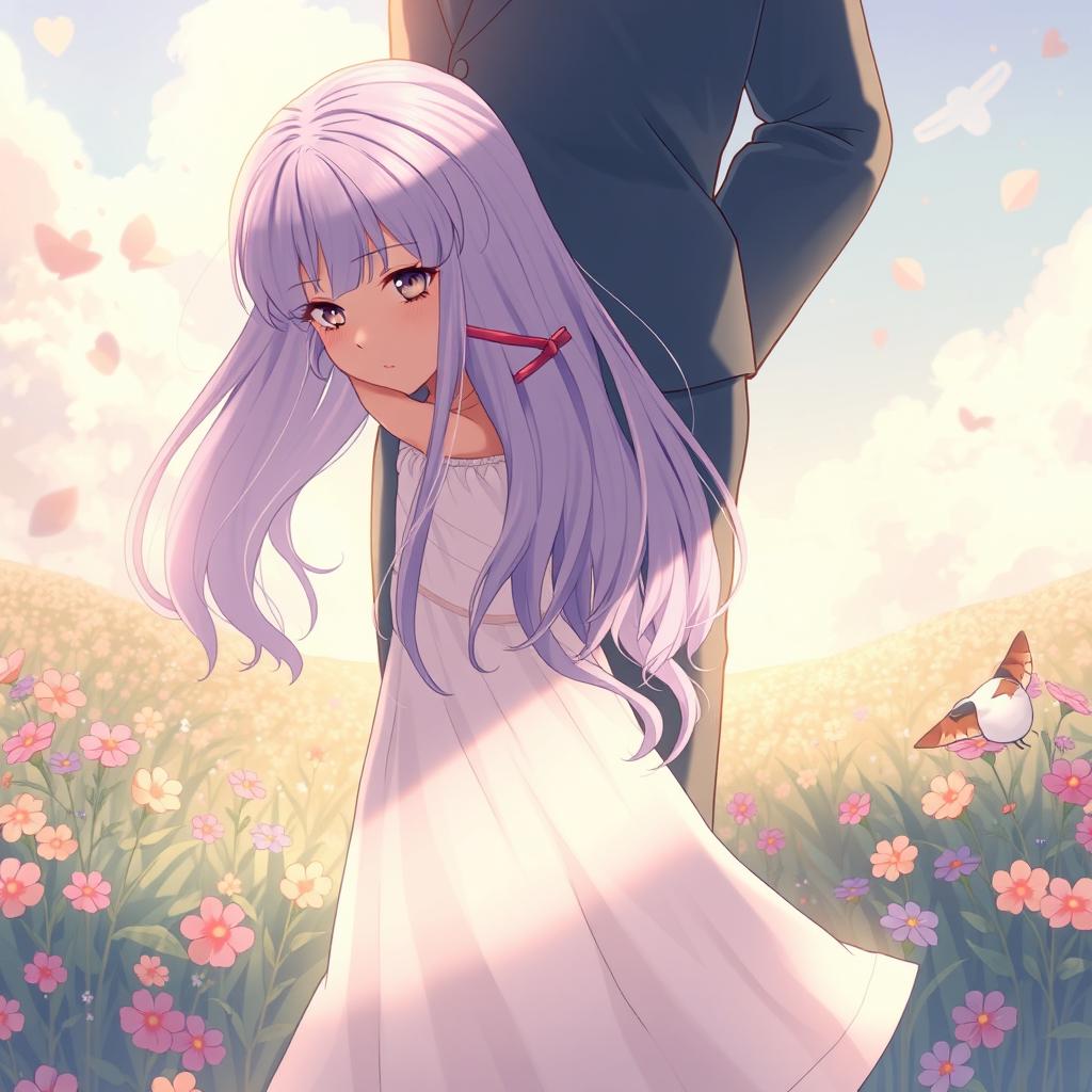 A beautifully illustrated scene featuring a girl at neck height to a tall man, with her hands gently holding onto his waist