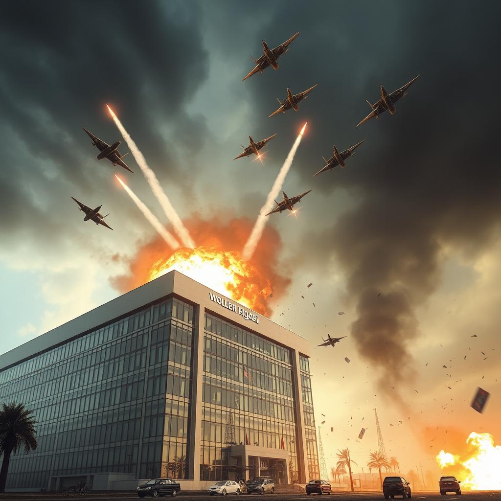 A dramatic scene depicting the headquarters of an Arab republic being struck by military jets
