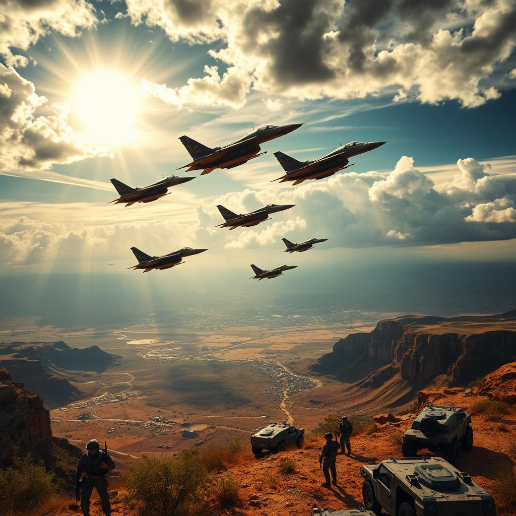 A dramatic scene depicting a fleet of advanced jet fighters, resembling cheetahs in design, soaring through the sky in formation, preparing for a wartime scenario