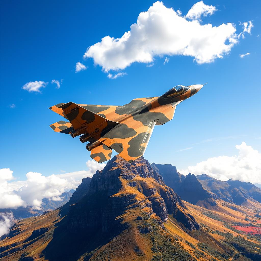 A stunning scene showcasing an advanced jet fighter designed to resemble a cheetah, soaring gracefully above Table Mountain in South Africa