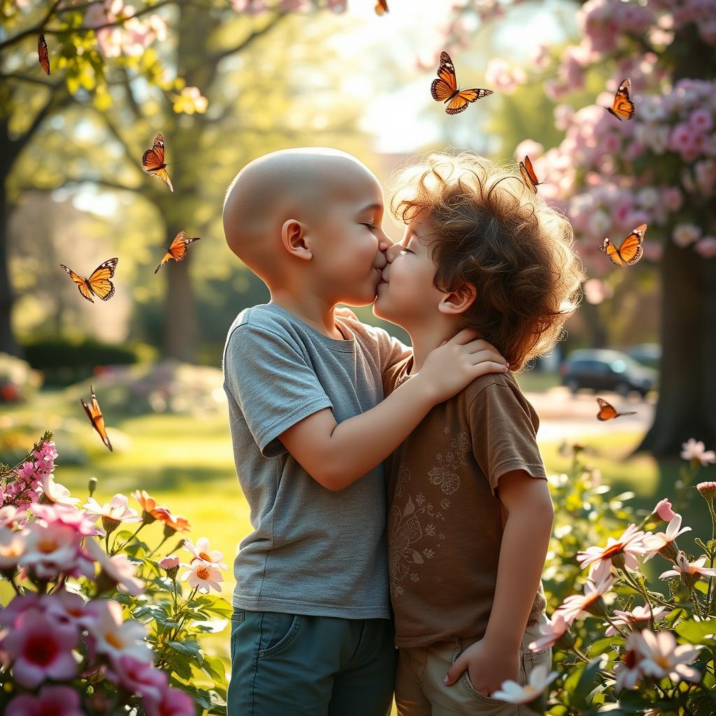 A tender moment between a bald boy and a curly-haired boy sharing a sweet kiss in a vibrant park setting, surrounded by blooming flowers and butterflies fluttering around