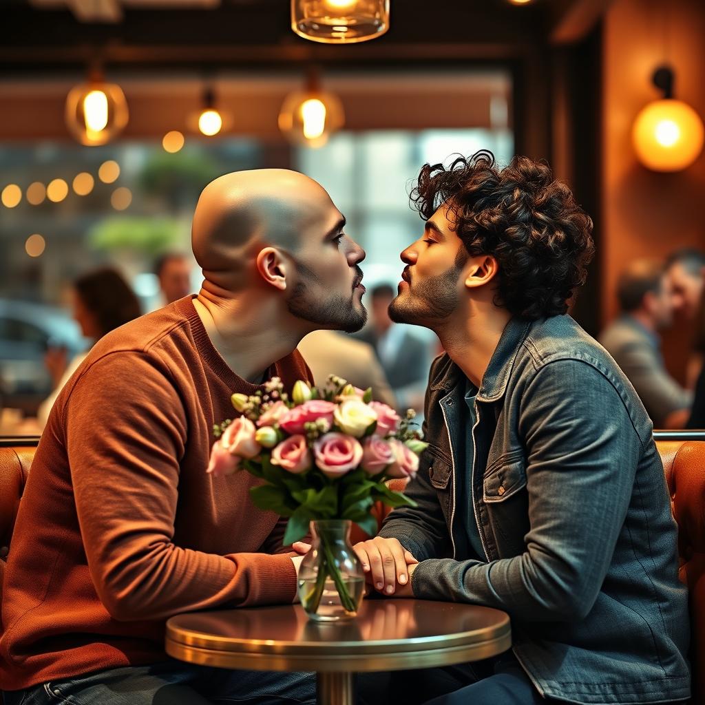 A romantic scene of two 25-year-old men, one bald and the other with curly hair, sharing a passionate kiss in a cozy urban cafe