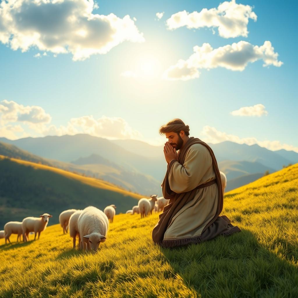 A serene and peaceful scene depicting a shepherd in traditional attire, kneeling in prayer in a picturesque pastoral setting