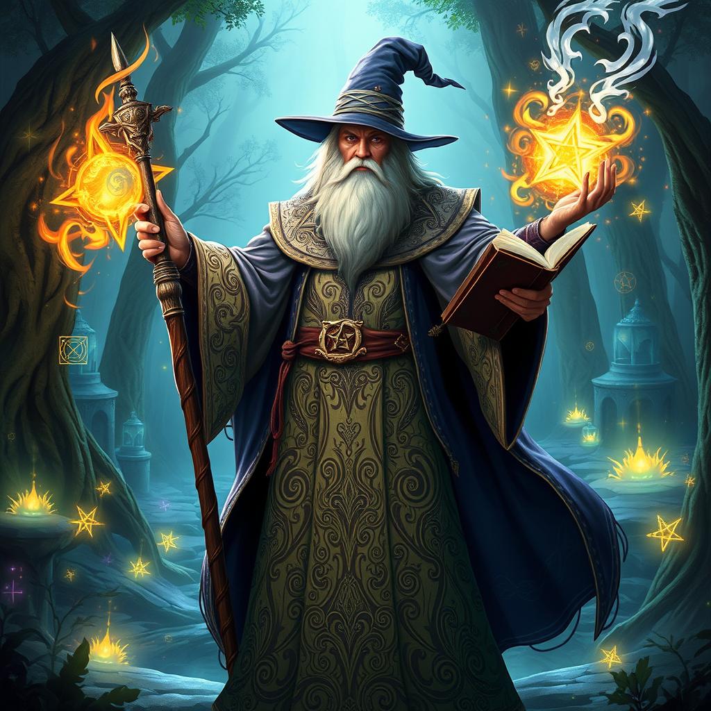 A powerful wizard standing confidently with an elaborate, flowing robe adorned with intricate mystical patterns, casting a vibrant spell