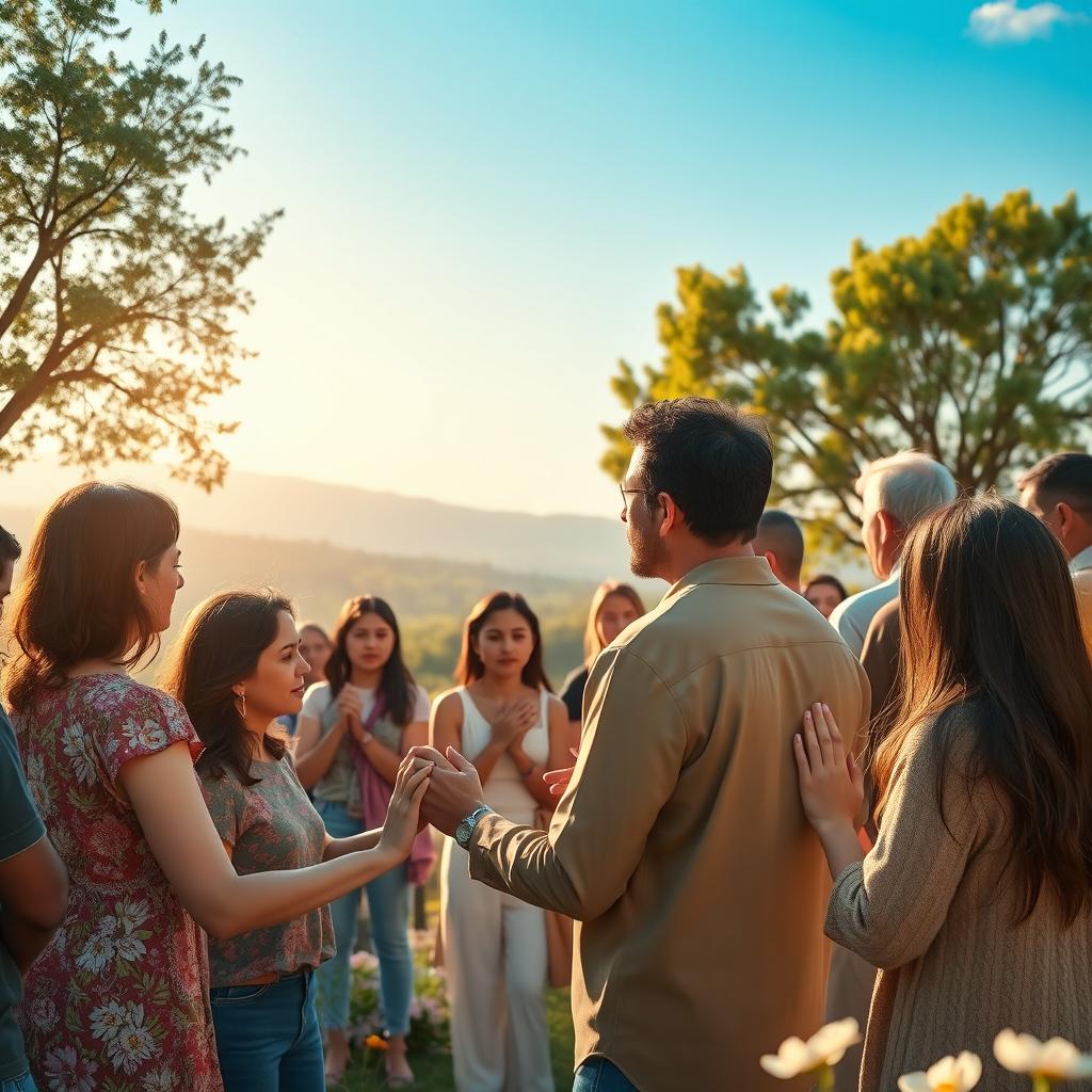 A serene and contemplative scene depicting a group of people gathered in a peaceful outdoor setting, engaging in a moment of prayer for a referendum