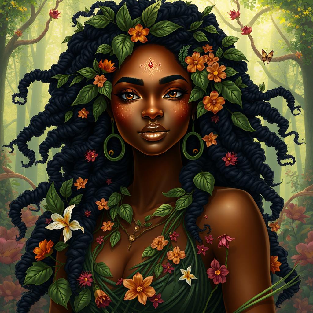 A stunning black woman embodying the essence of Mother Nature, surrounded by lush greenery, blooming flowers, and vibrant foliage