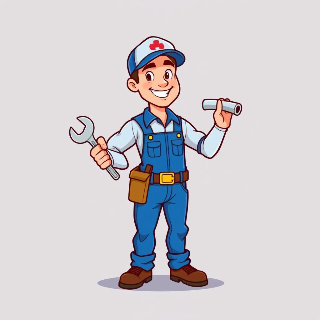 A full-body cartoon minimalist plumber character designed for a company logo