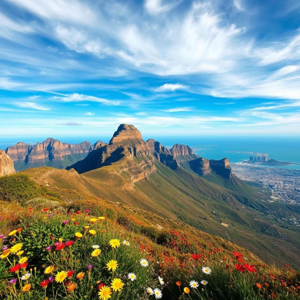 A breathtaking view of Table Mountain in South Africa, showcasing its iconic flat peak and dramatic cliffs