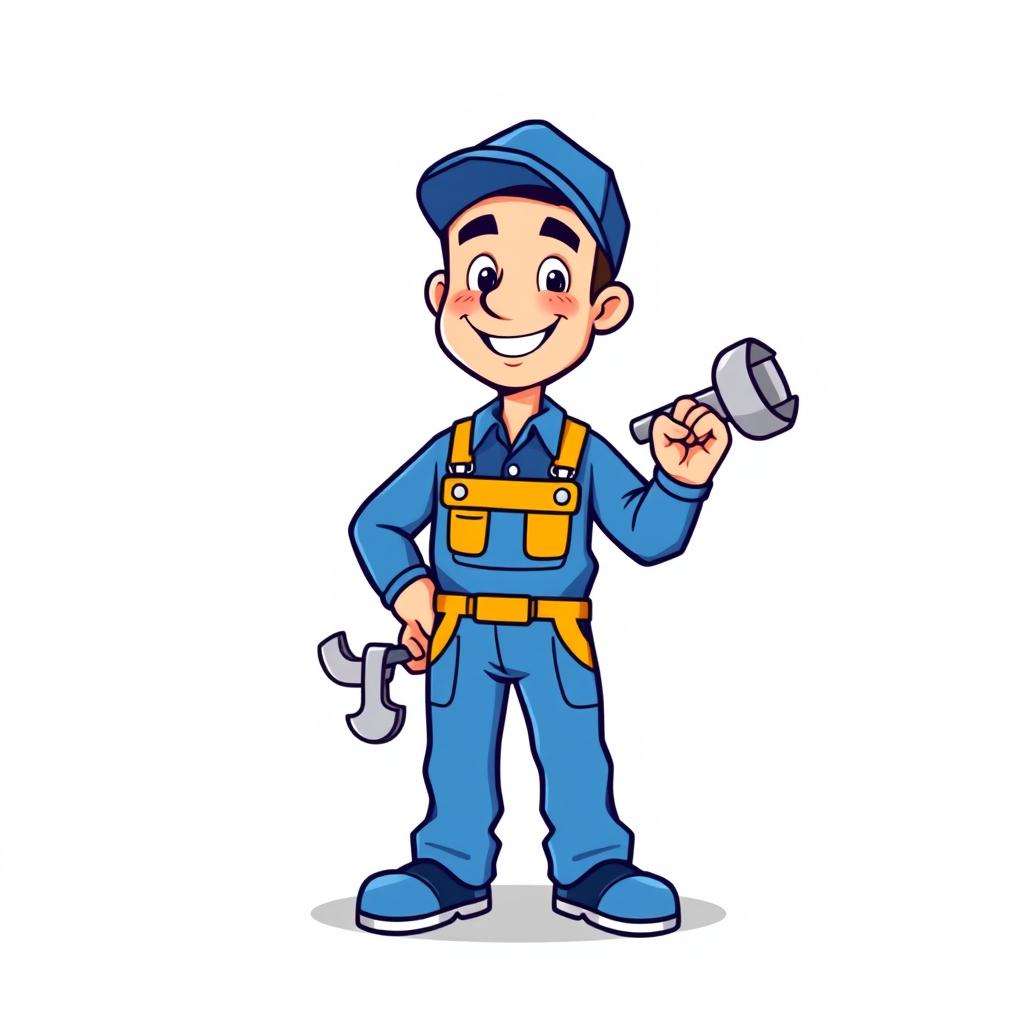 A full-body cartoon minimalist plumber character designed for a company logo