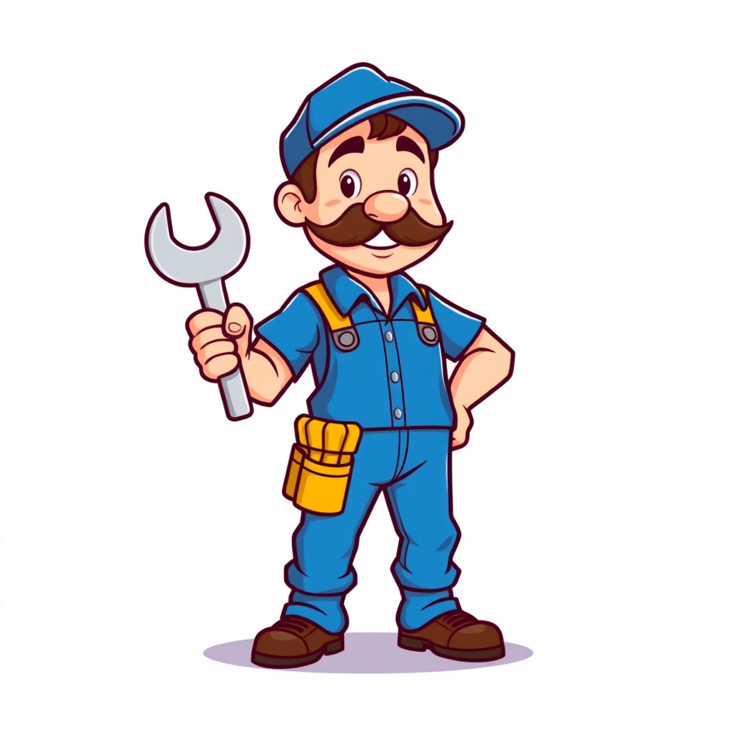 A full-body cartoon minimalist plumber character with a mustache, designed for a company logo