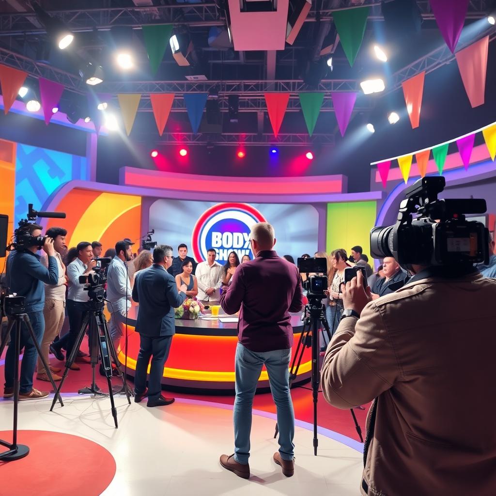 An engaging scene capturing a television show being recorded live in a vibrant studio
