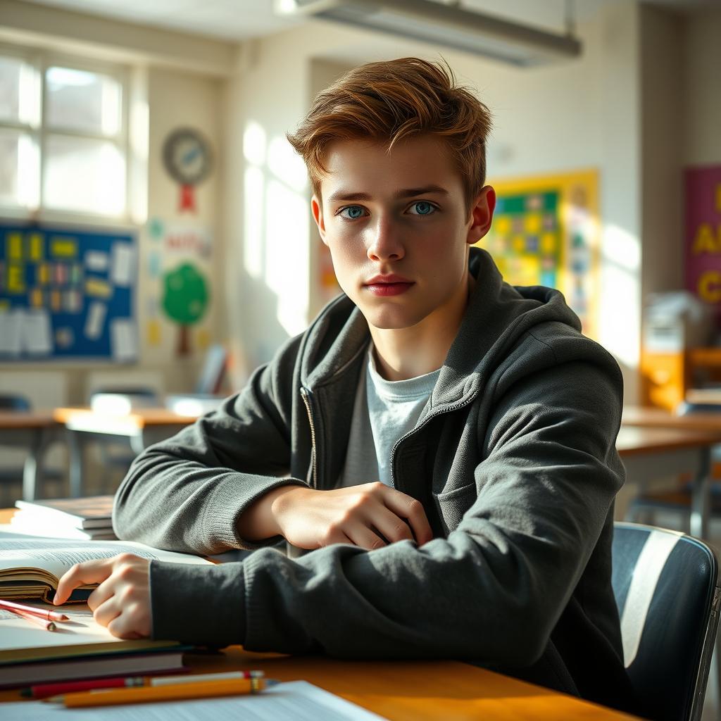 A captivating scene of a 17-year-old male student in a classroom setting, emphasizing his striking blue eyes and youthful beauty